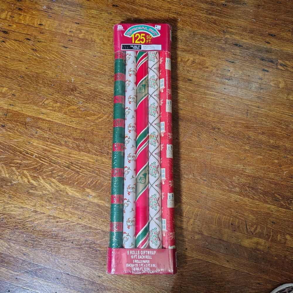 VTG 1992 Christmas Wrapping Paper 125 Sq Ft 5 Rolls Nwts Made In USA